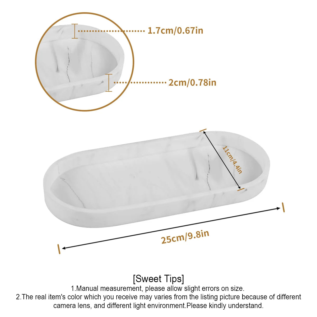 Diagram of the marble-style oval tray with dimensions 25cm by 11cm and rim details