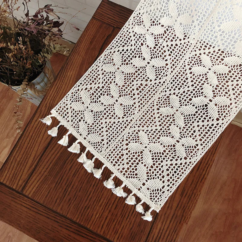 Arden Crochet Lace Table Runner with Tassel – Beige Cotton Blend