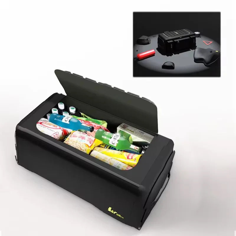 Lidded car trunk organizer open and filled with groceries and drinks