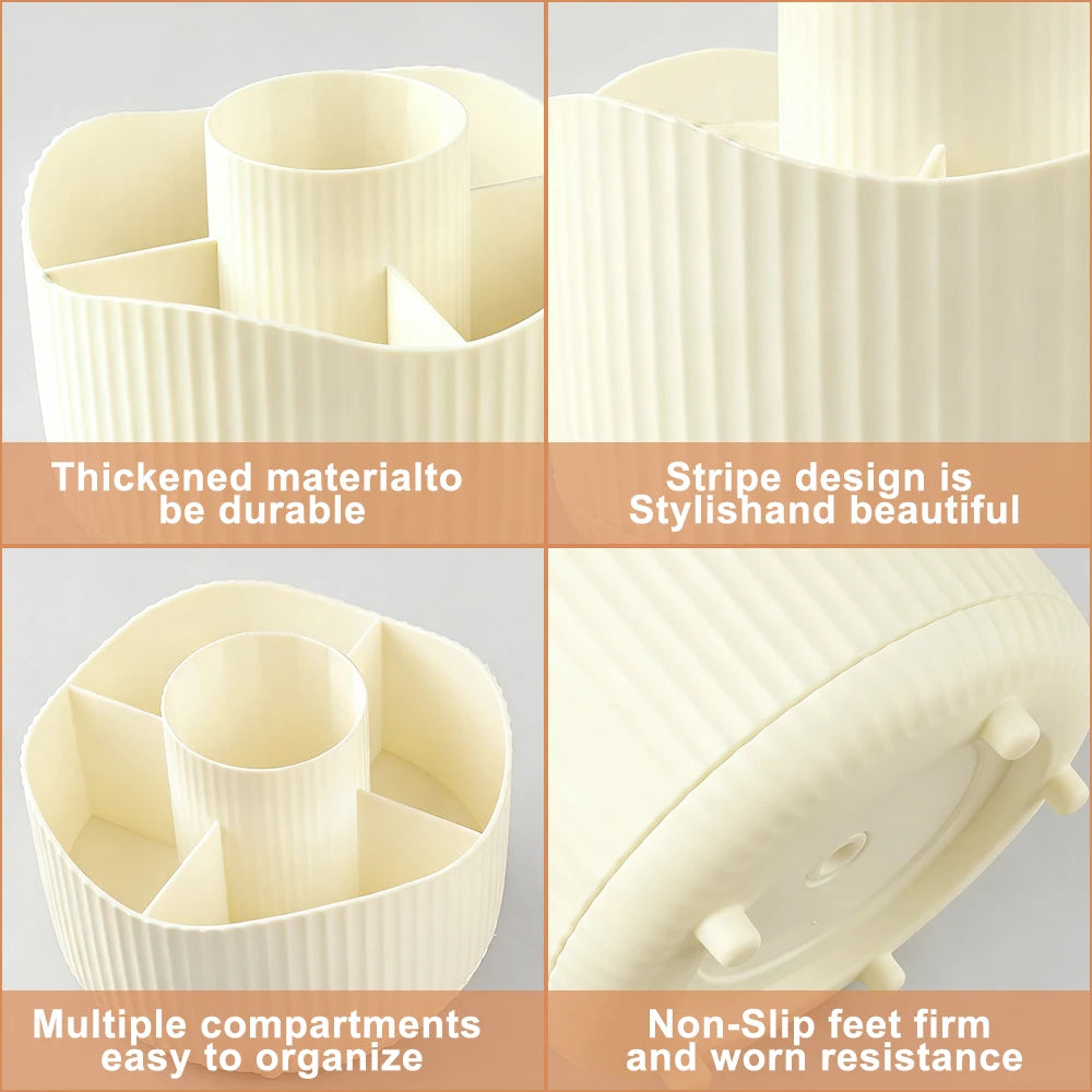 Detail shots of cream organizer's compartments, ribbed exterior, and non-slip feet