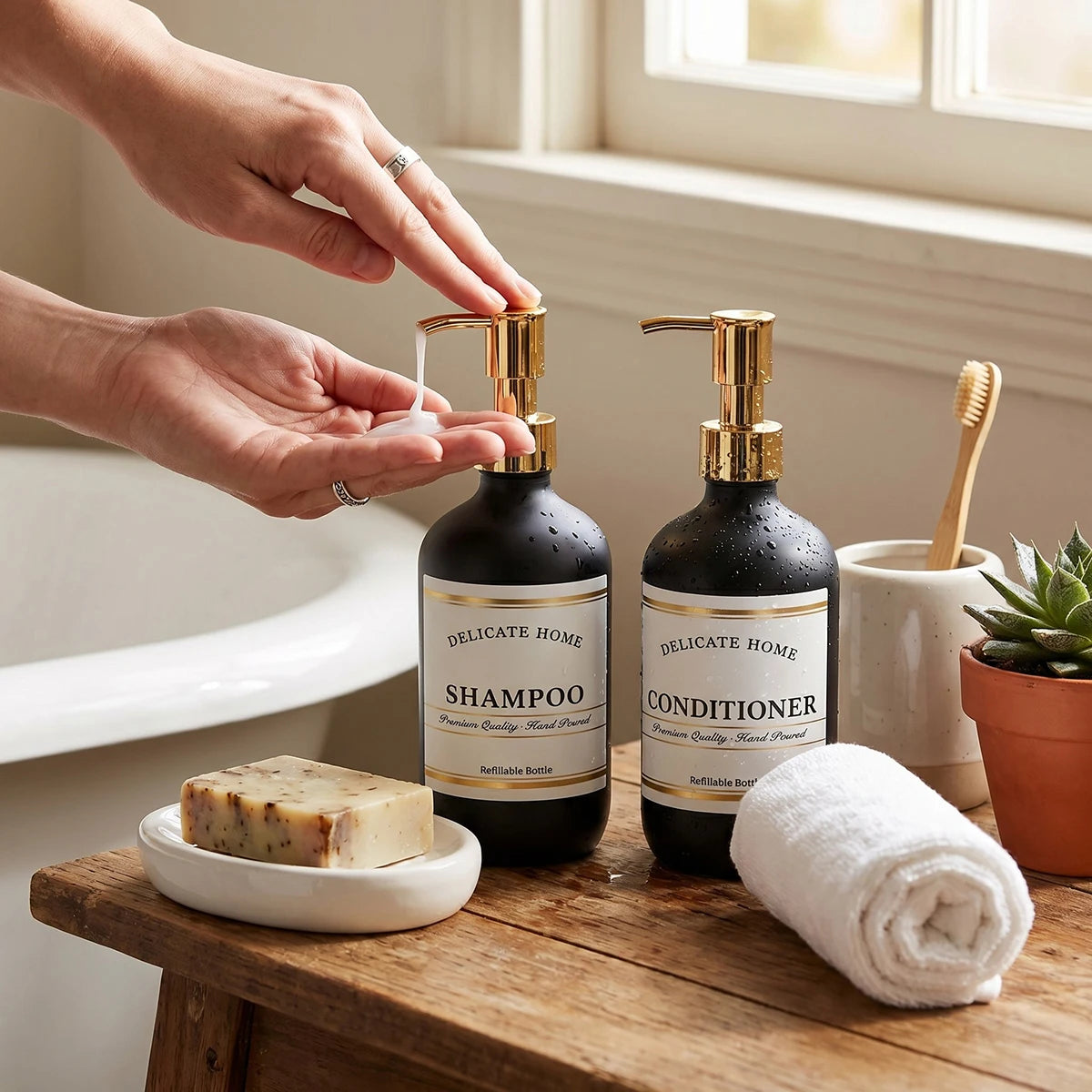 Hand using matte black shampoo dispenser with gold pump on wooden bathroom counter next to soap and towel
