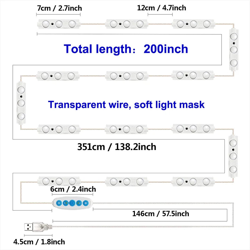 Diagram with measurements and total length for the LED mirror light strip with transparent wiring