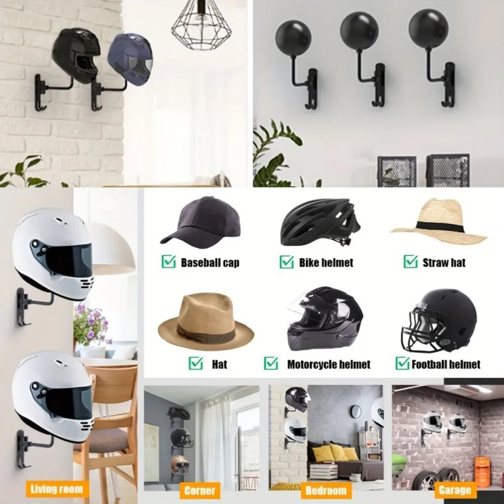Variety of helmets and hats (bike, baseball, football, straw, and motorcycle) displayed with helmet holders in different rooms and placements