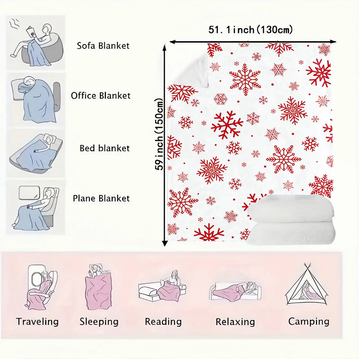 Winter Red Snowflake Flannel Fleece Throw Blanket for Sofa & Bed, Soft Holiday Decor