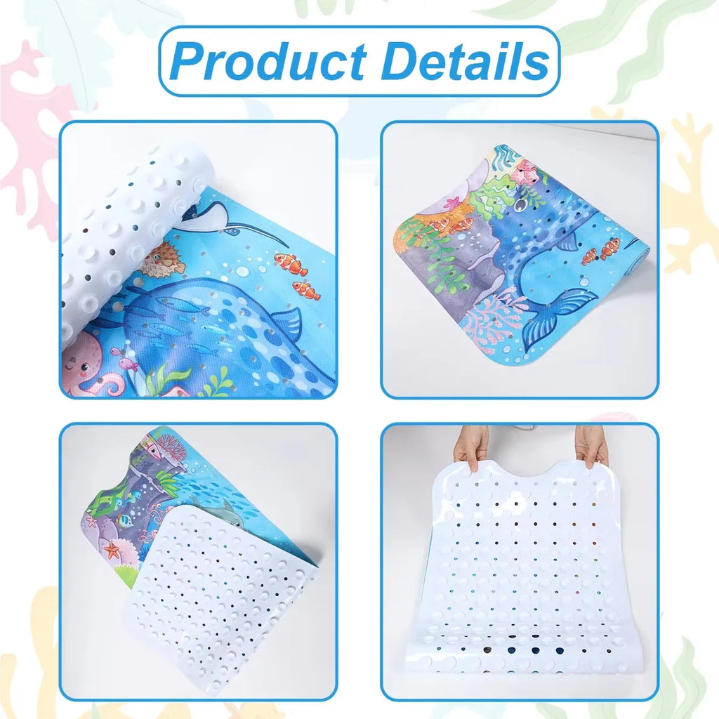 Close-ups and details of cartoon bath mat showing drainage holes, suction cups, and flexible PVC material