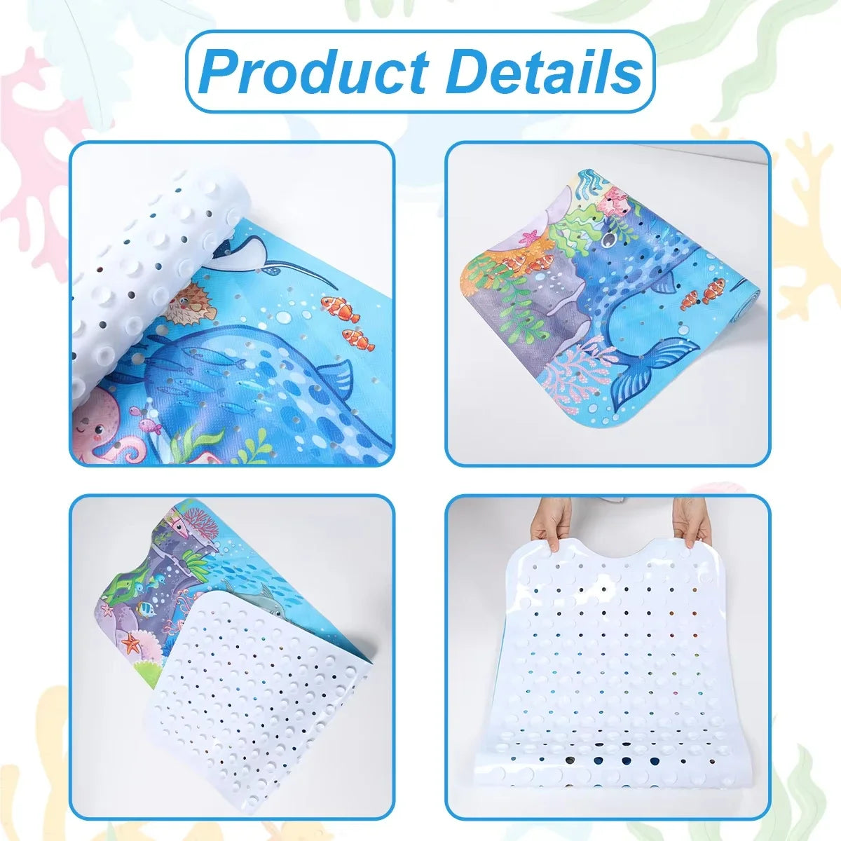 Close-ups and details of cartoon bath mat showing drainage holes, suction cups, and flexible PVC material