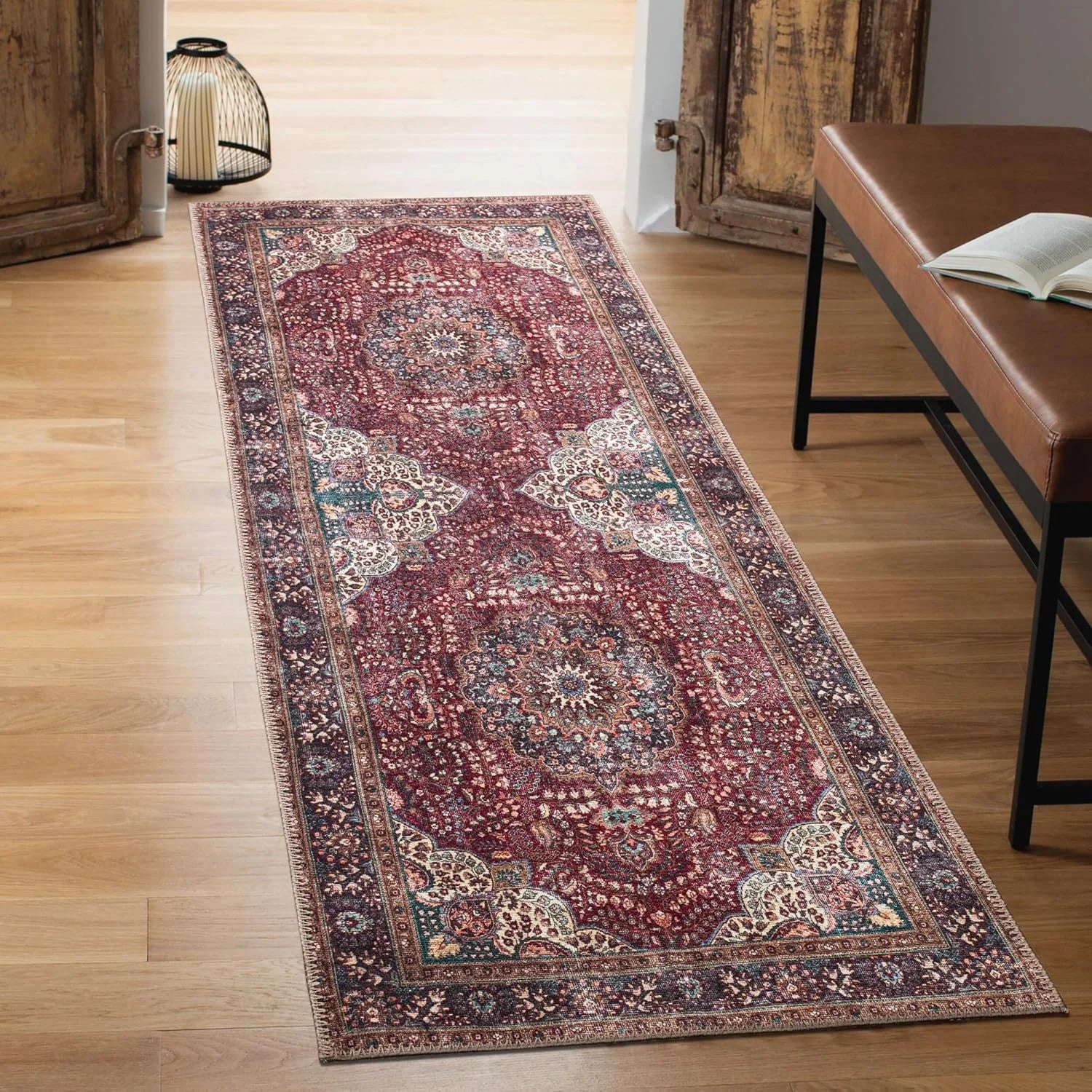 Mira Vintage Red Medallion Runner Rug — Washable Non-Slip Hallway Mat