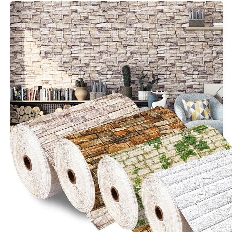 Assorted 3D foam brick panel rolls in natural colors, styled in a home library or living area