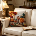 Autumn Village Landscape Throw Pillow Cover in Faux Embroidery Style for Sofa & Bedroom