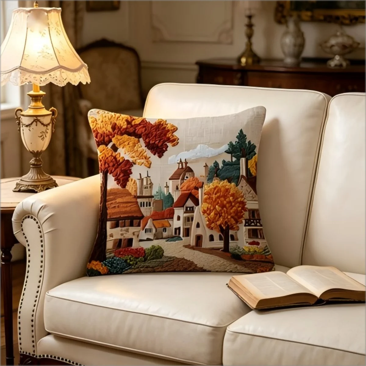 Autumn Village Landscape Throw Pillow Cover in Faux Embroidery Style for Sofa & Bedroom