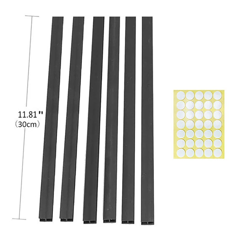 set of six black adhesive coffee pod holder strips with included adhesive dots, shown with measurements