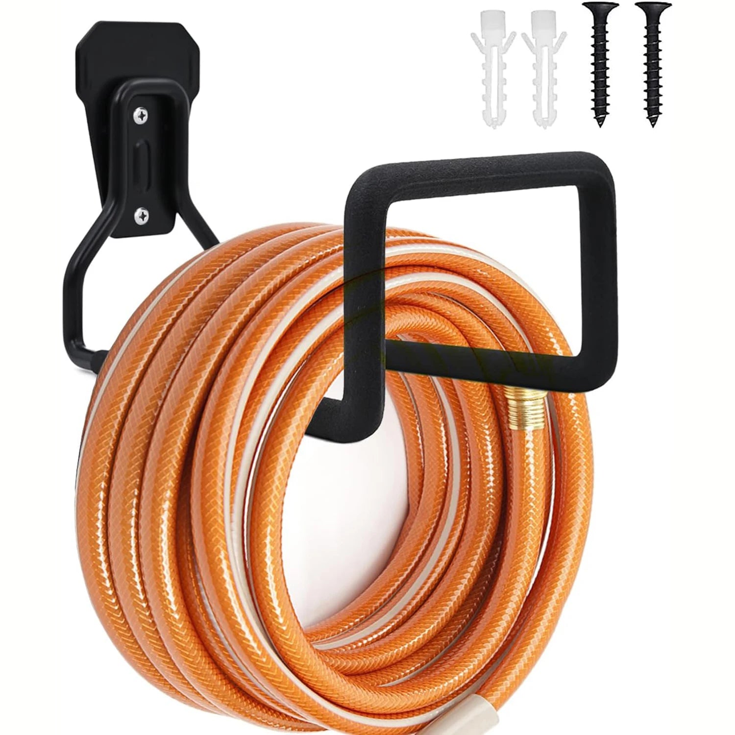 Wall-mounted metal hose holder in black with an orange hose, shown with included mounting hardware