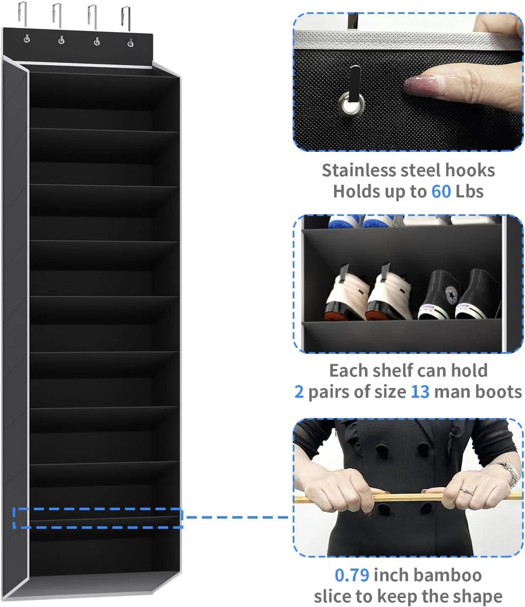 Empty black shoe rack showing four steel hooks, bamboo support, and pocket details