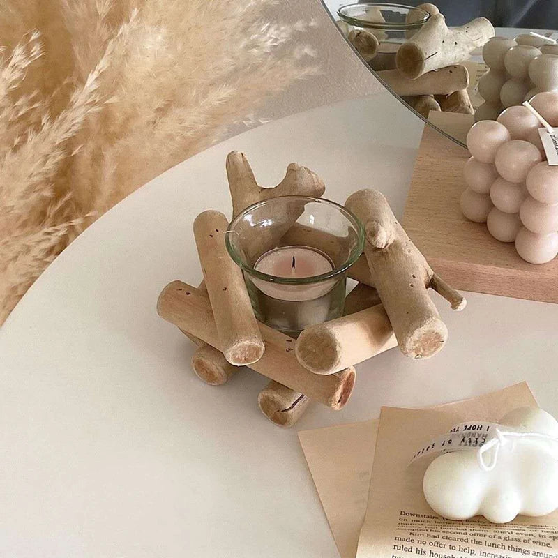 Driftwood Candle Holder with Glass Cup for Cozy Home Decor