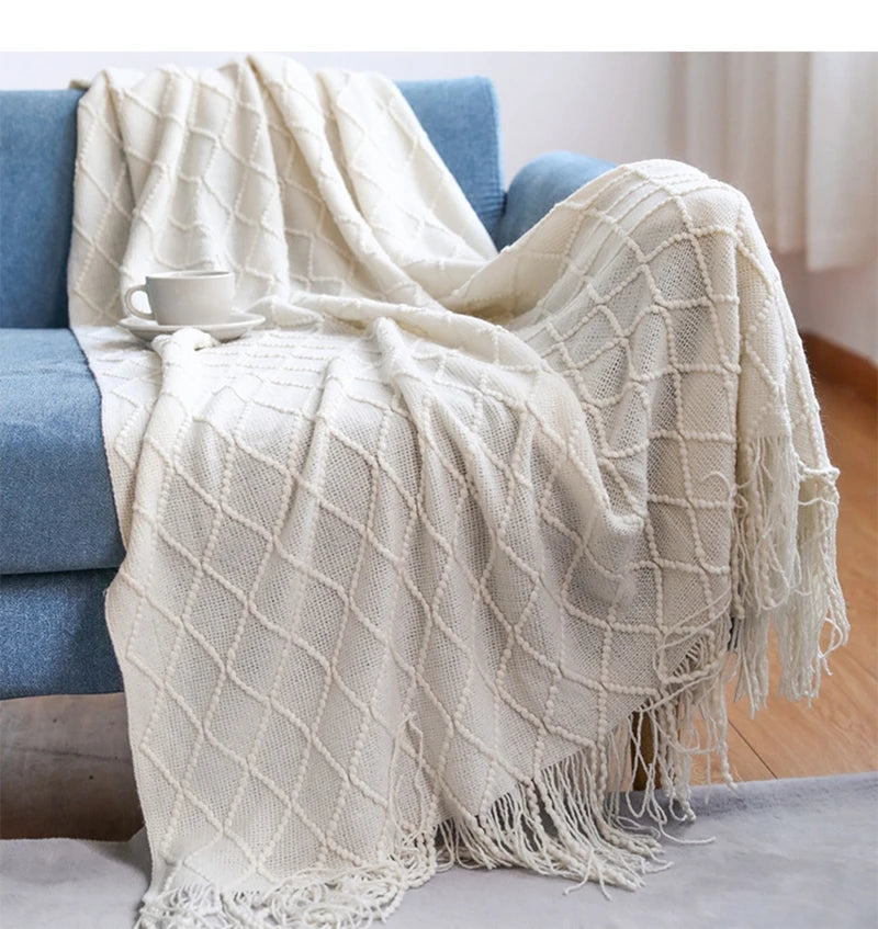 Nordic Knit Acrylic Throw Blanket with Tassels for Bed, Sofa, and Cozy Winter Decor