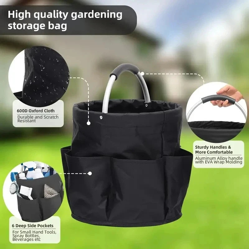 Black canvas basket details: scratch-resistant cloth, comfortable handle, deep pockets