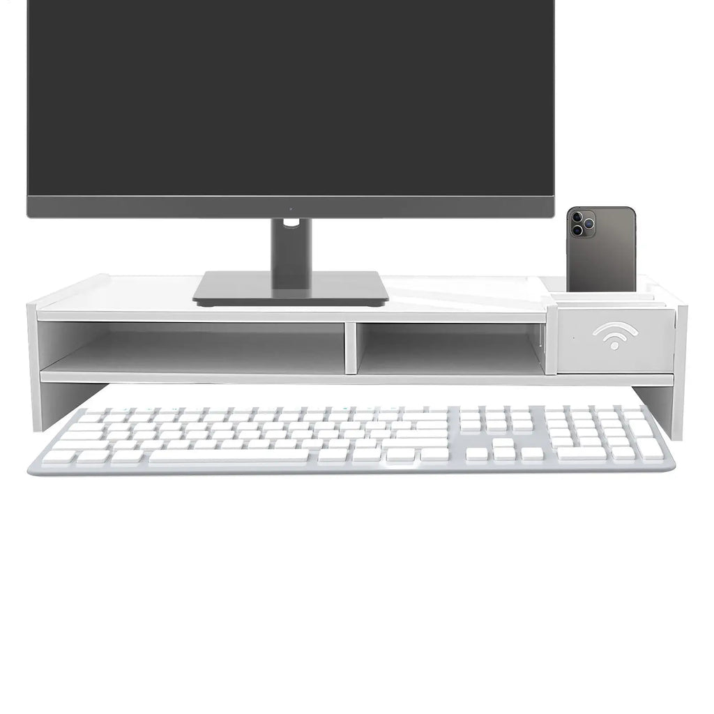 white desk organizer shelf under monitor with phone in holder and keyboard below