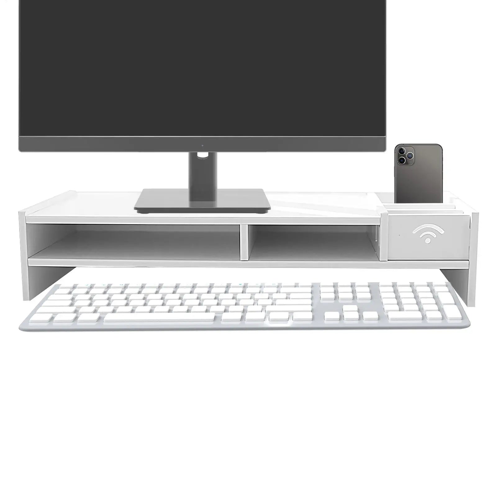 white desk organizer shelf under monitor with phone in holder and keyboard below