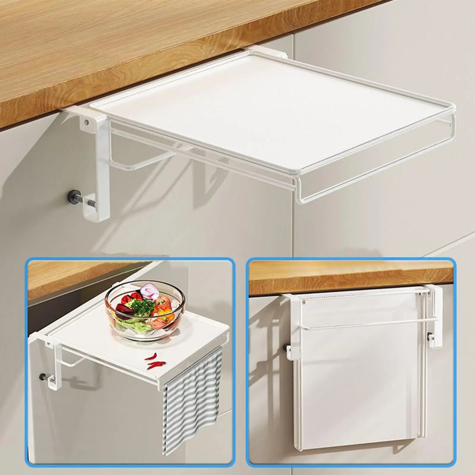 White foldable over-cabinet shelf shown unfolded, in use and folded flat against kitchen cabinet