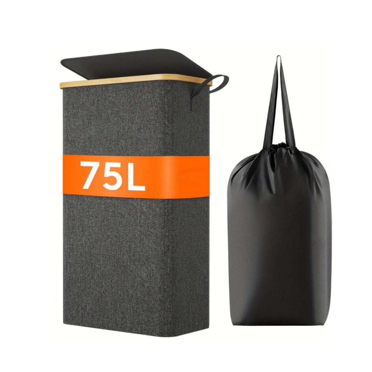black slim laundry basket with lid shown next to a matching black removable liner bag, 75 liter capacity