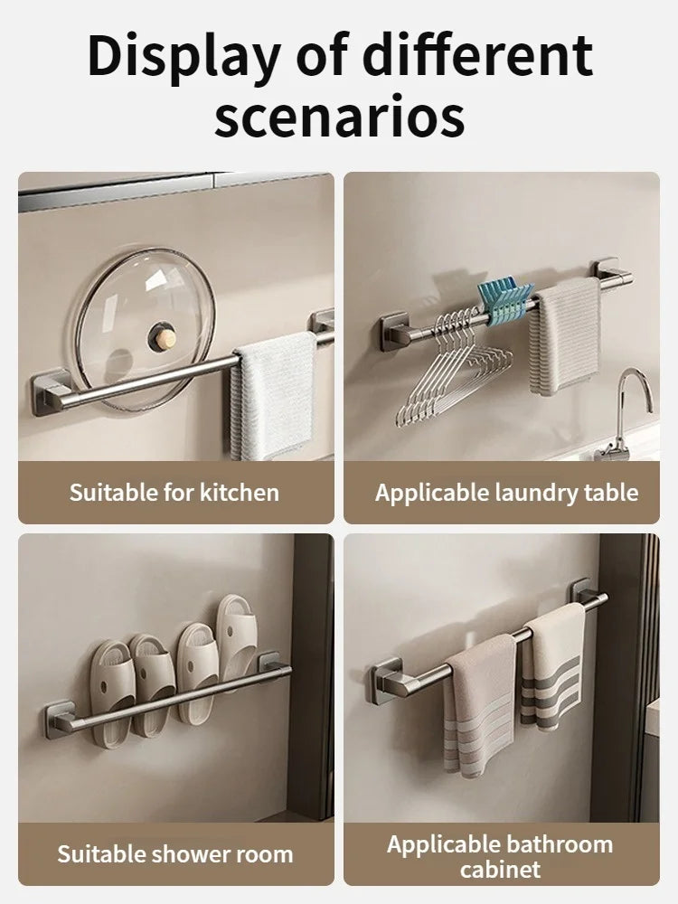 Gray towel bar used for kitchen towels, laundry, slippers, and bathroom storage