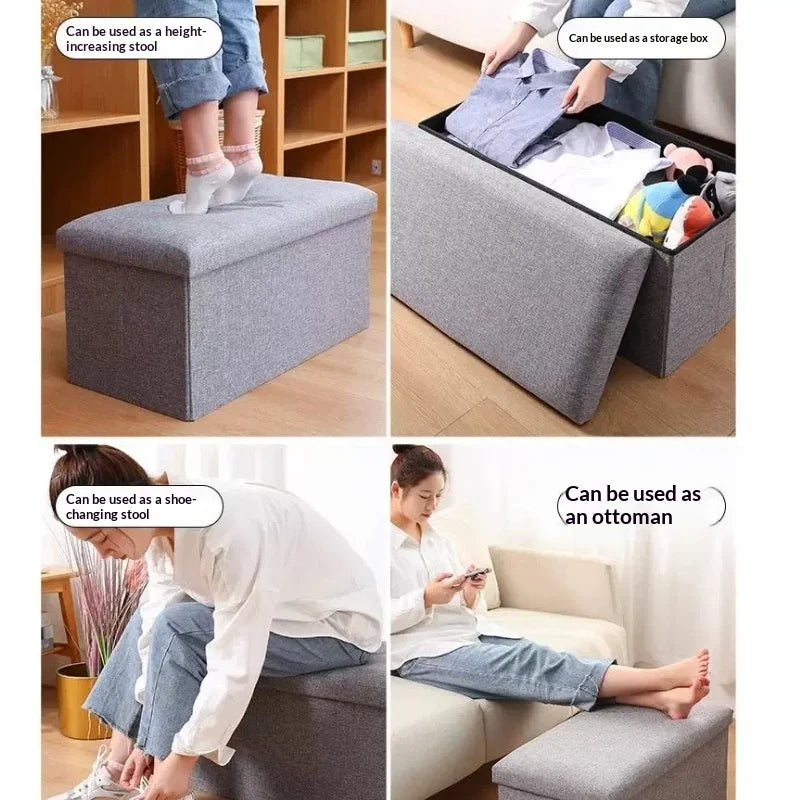Multiple uses of linen storage ottoman including as a seat, shoe-changing bench, footrest, and storage box