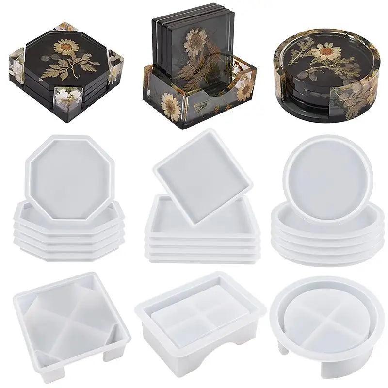 Resin coaster silicone mold set with round, square, and octagon coaster and holder molds