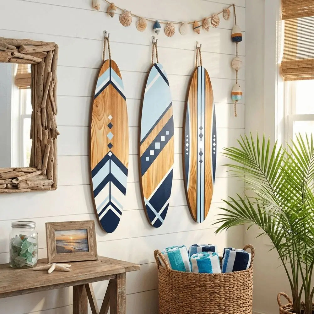Set of three surfboard wall hangings in blue and wood tones arranged above a table with coastal decor and woven basket filled with towels.