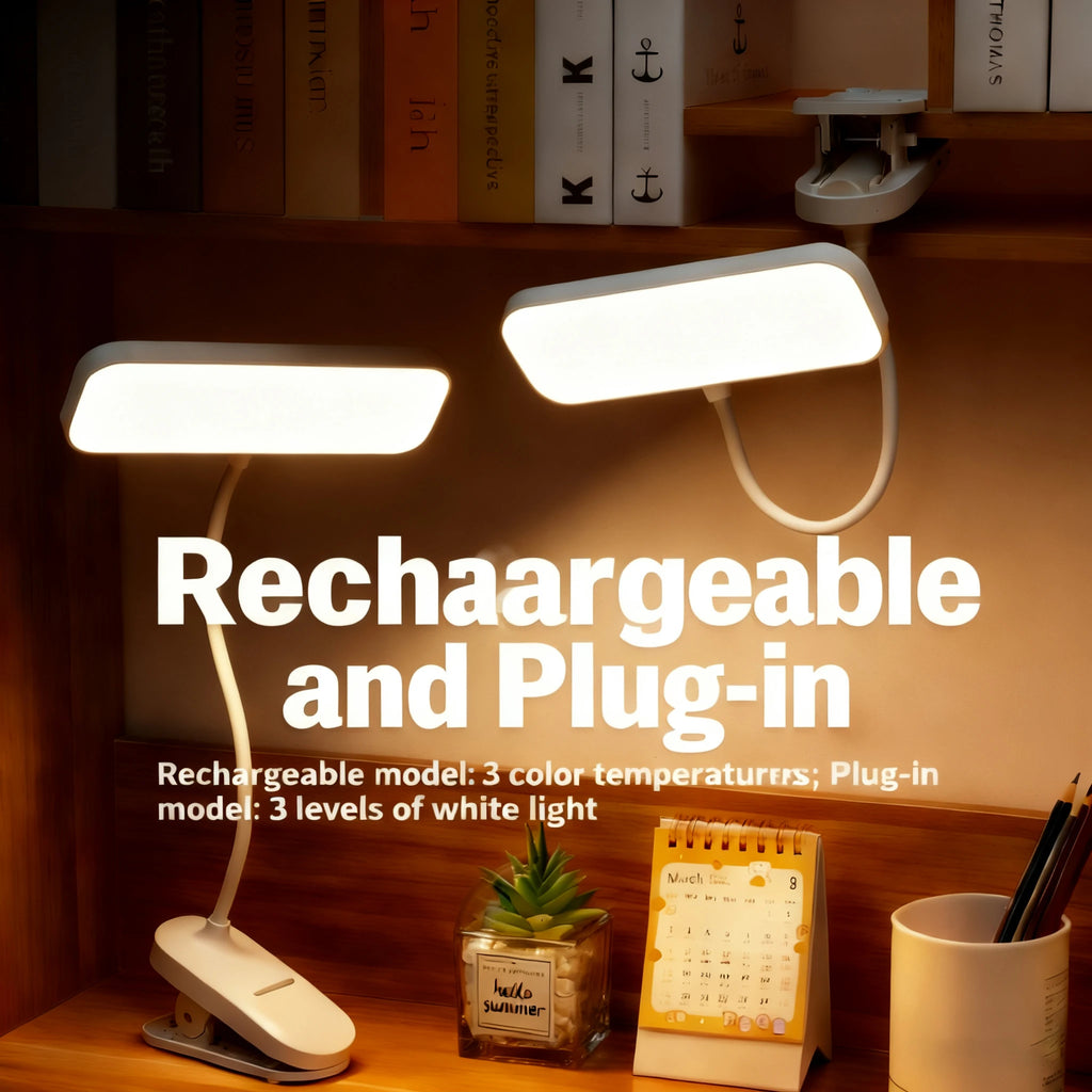 Two clip-on LED desk lamps with flexible arms on a wooden shelf and desk in a cozy study nook, showing both rechargeable and plug-in use options.