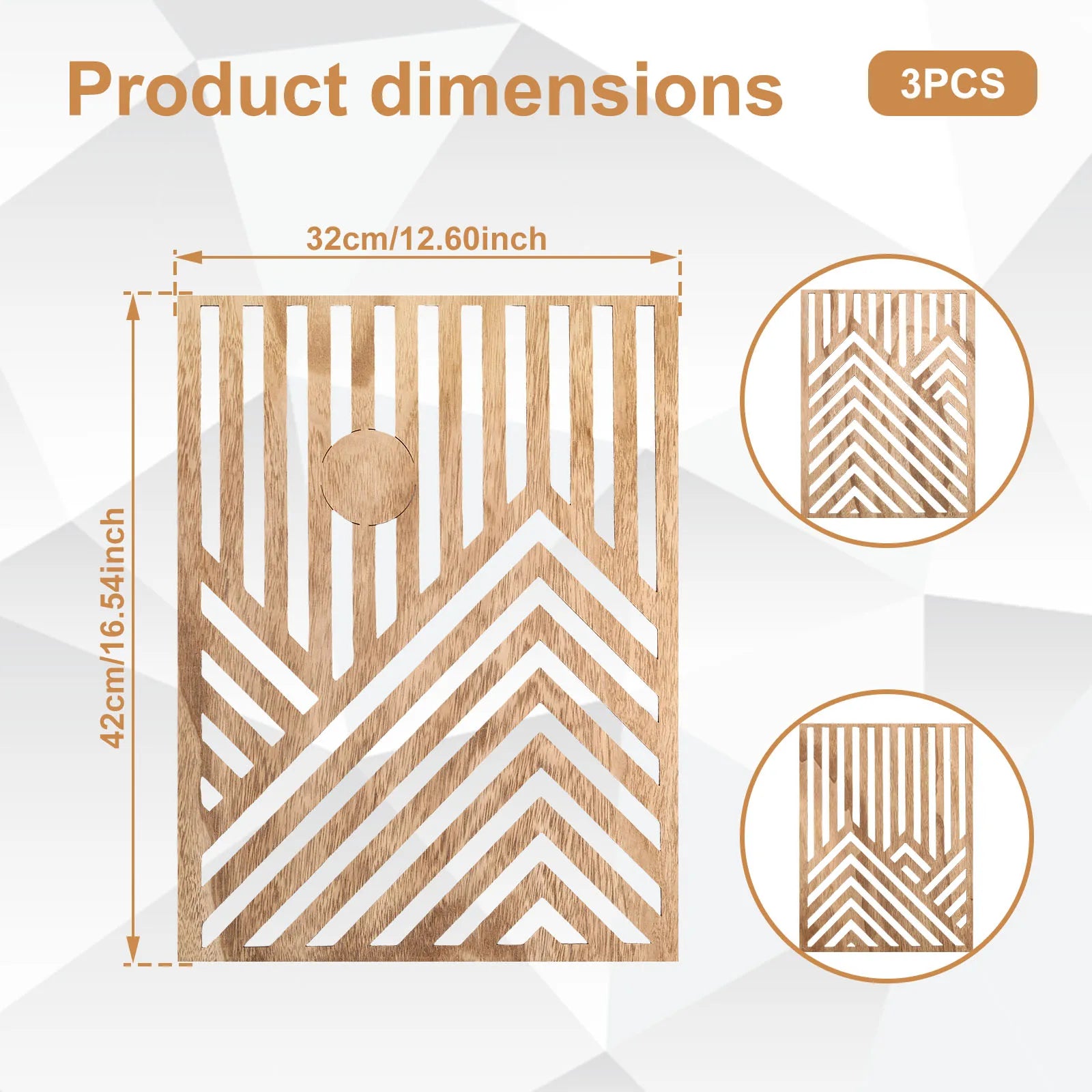 Dimension diagram for each wood wall panel showing size and proportions