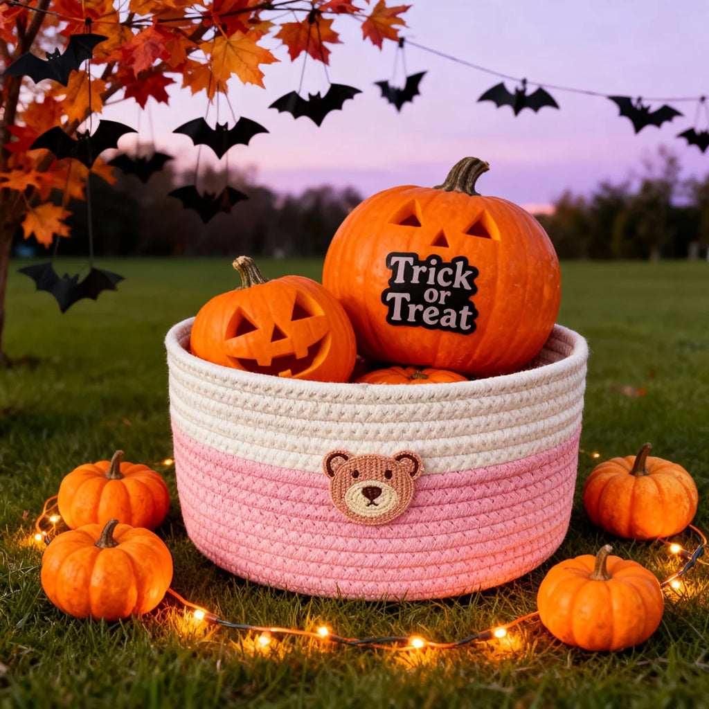 Pink bear storage basket with Halloween pumpkins, displayed outdoors for festive decor