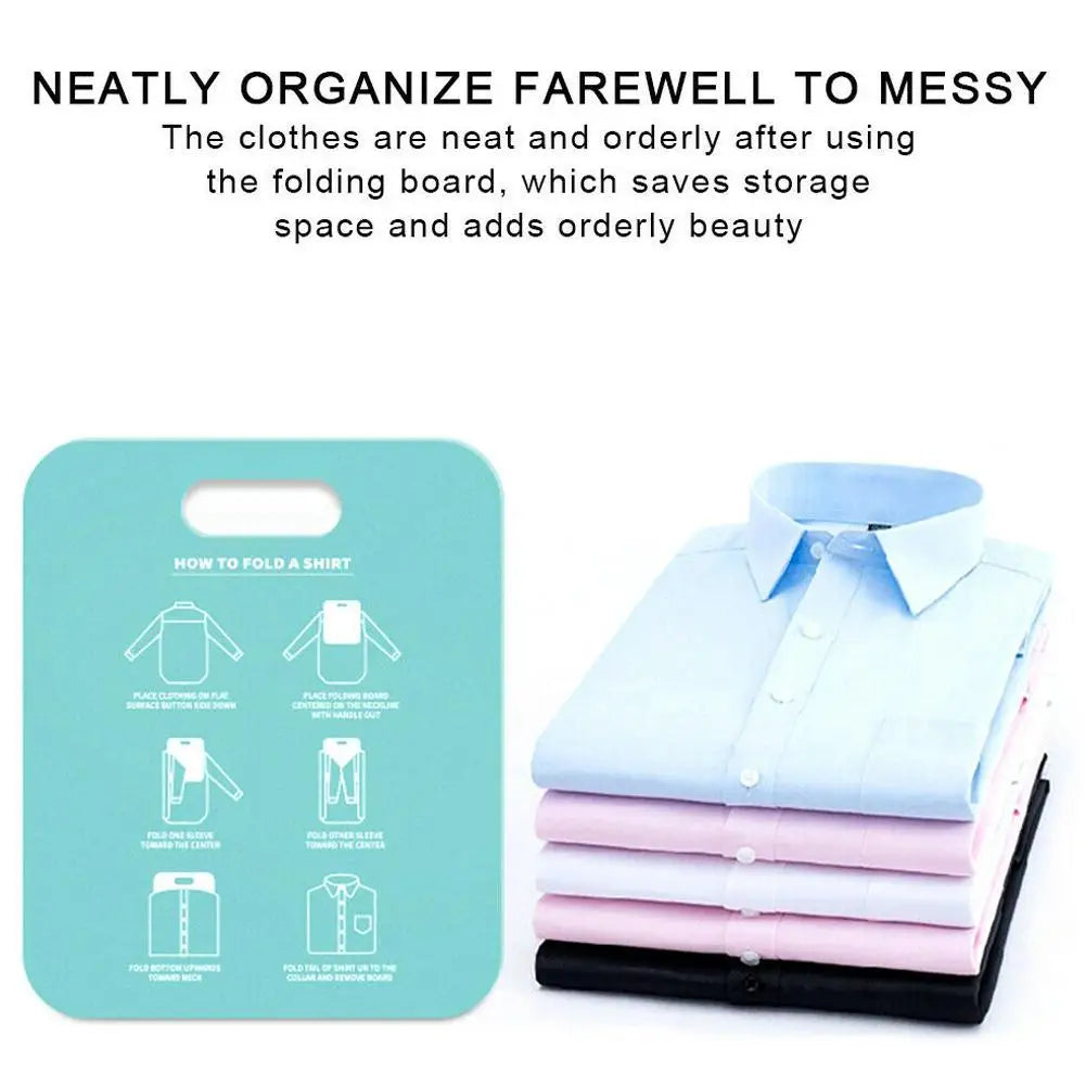 Light blue plastic folding board shown next to neatly stacked shirts with tidy closet organization message.