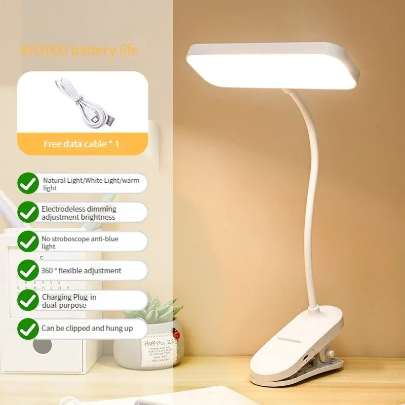 Clip-On LED Desk Lamp with Flexible Arm, Dimmable & USB Rechargeable