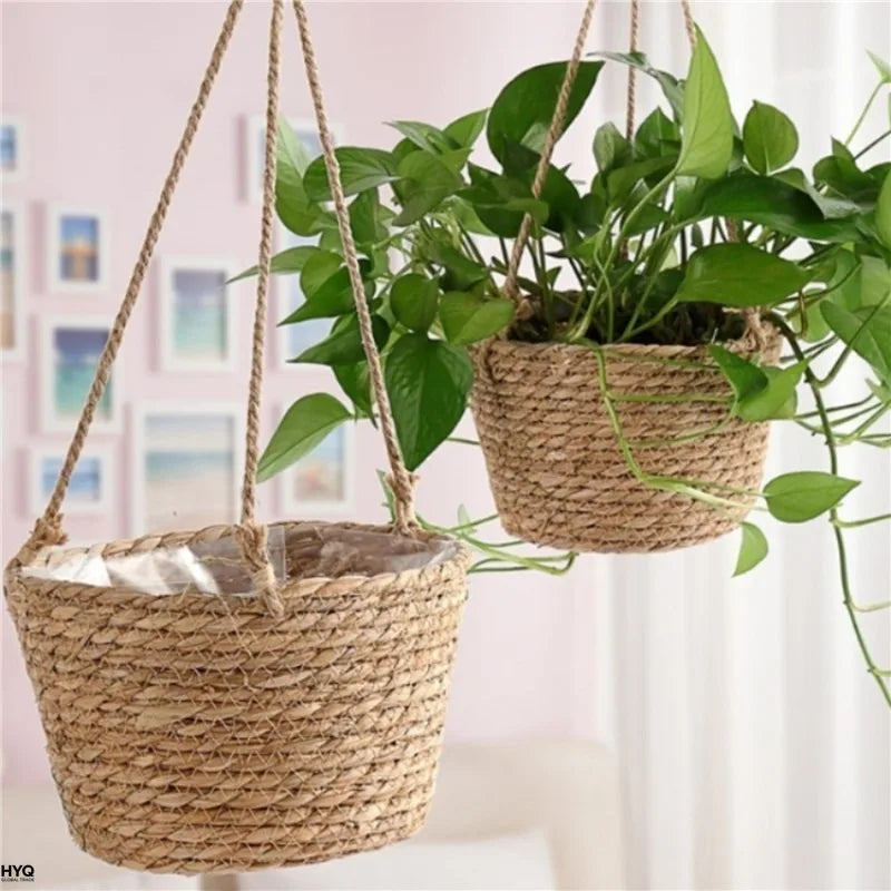 Pair of woven jute hanging basket planters, one filled with trailing green plant, displayed indoors near a window