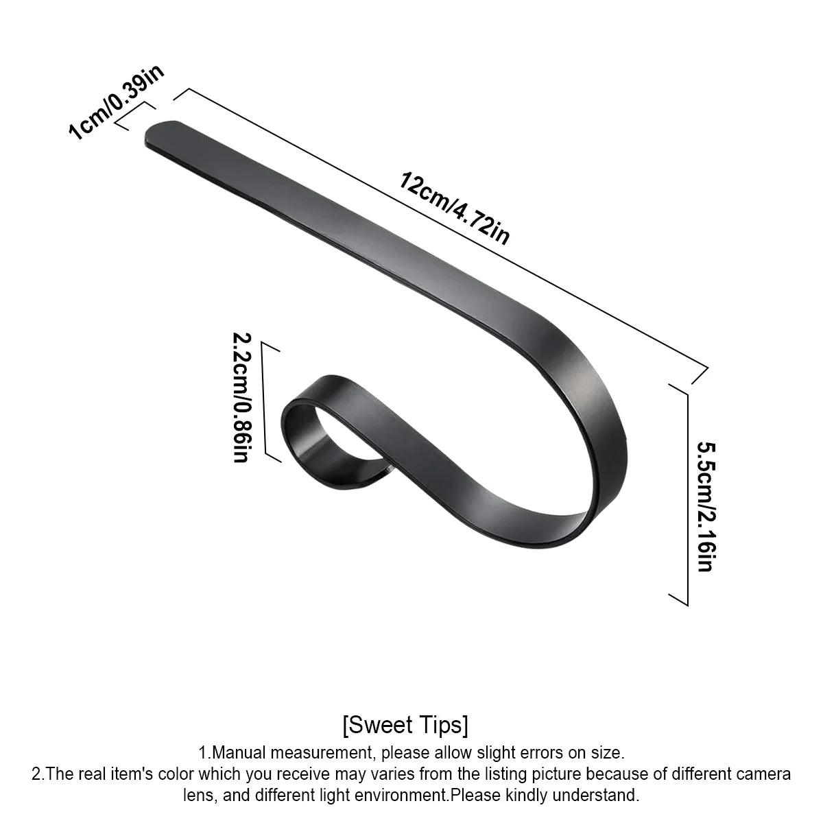 Close-up diagram of single black stocking holder with labeled dimensions in inches and centimeters