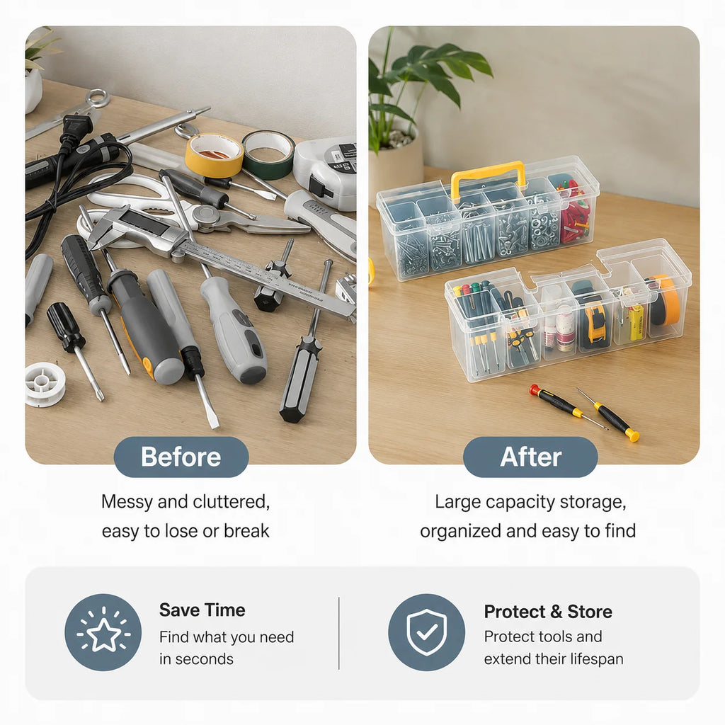 Before and after organization of tools using a portable storage box with inner bins for hardware sorting