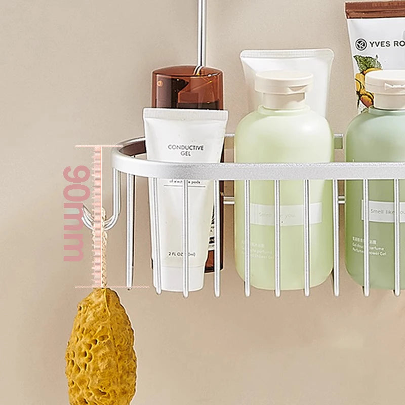 Detail showing shower organizer basket height with a hanging sponge