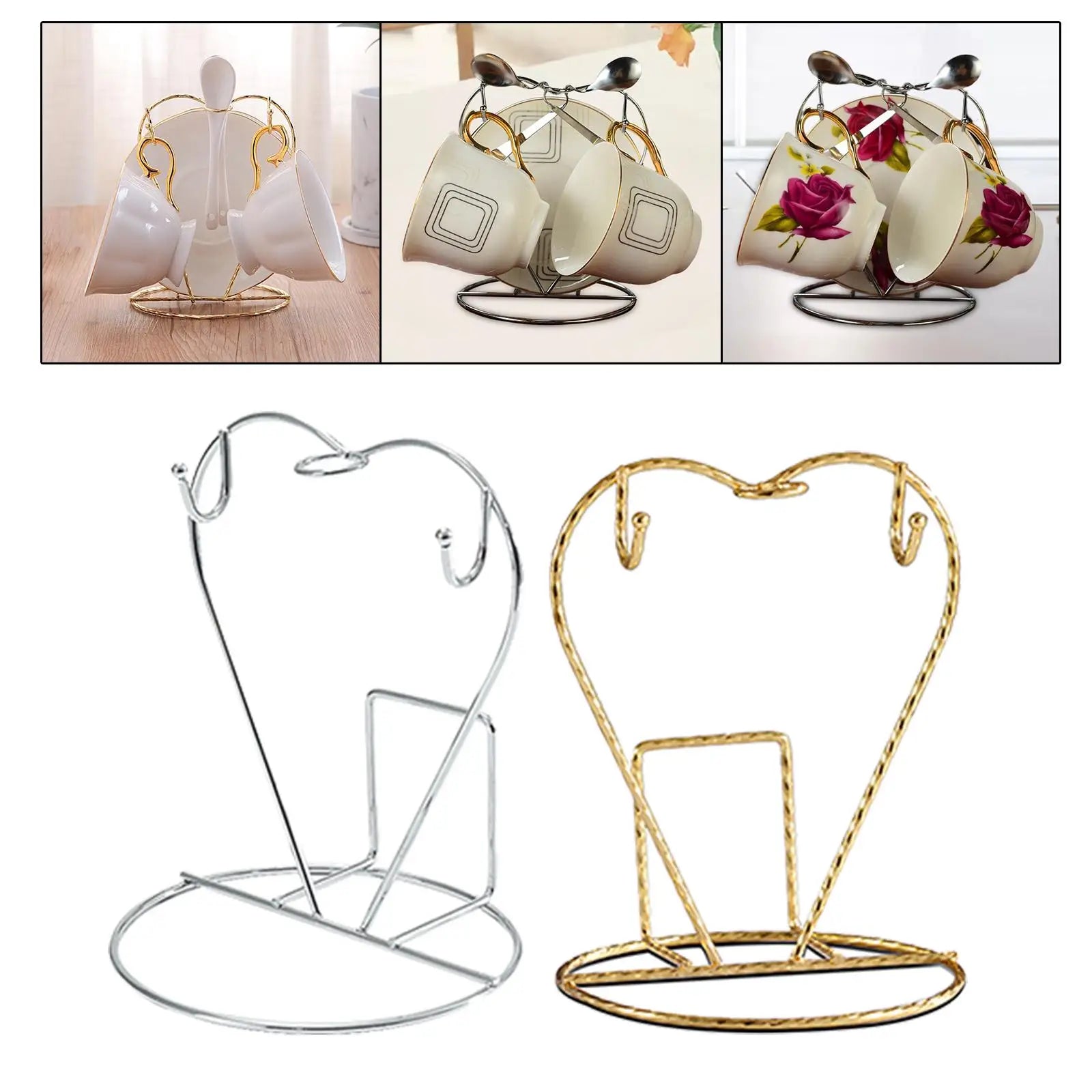 heart-shaped metal mug holder stand in gold and silver with example of two mugs and spoons displayed