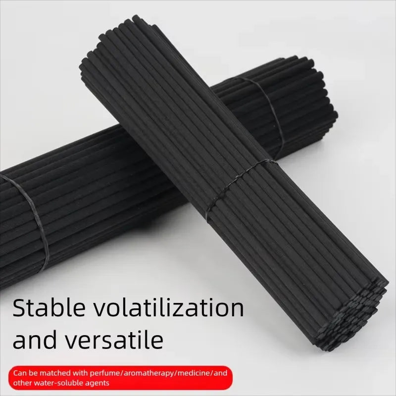 Closeup of black fiber diffuser sticks with text describing stable, versatile scent diffusion