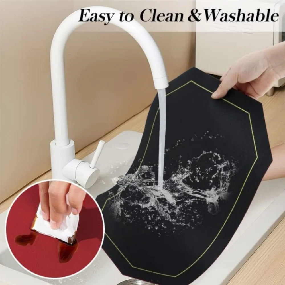 Person washing the wipeable placemat under a sink, with close-up demonstrating easy cleaning