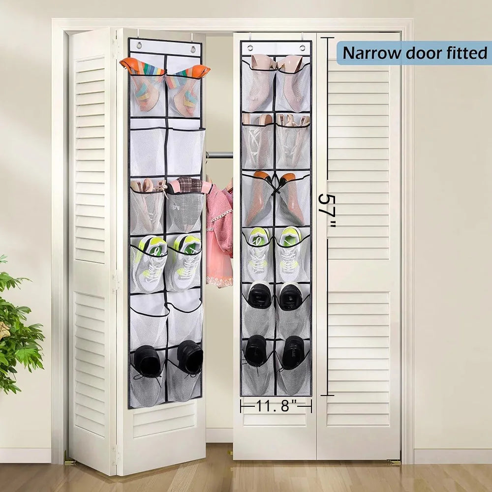 Two mesh over-the-door organizers filled with shoes on narrow closet doors, overall organizer dimensions labeled