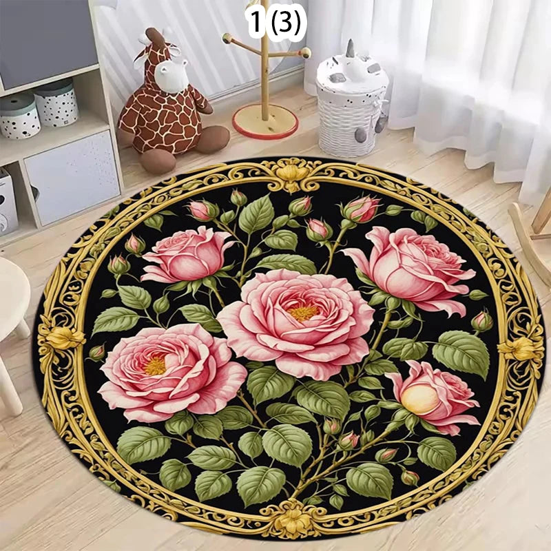 black and gold vintage round floral rug with pink roses in a child's bedroom