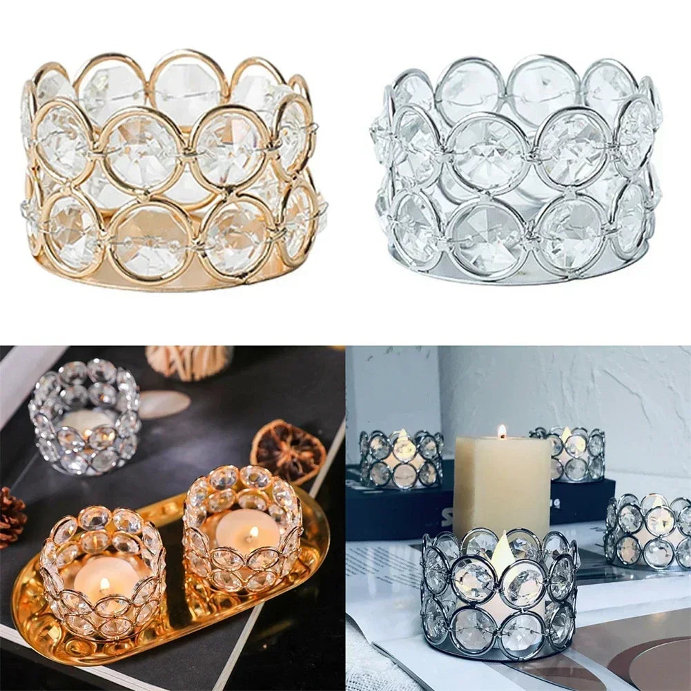 Assortment of crystal tealight holders in gold and silver finishes displayed together