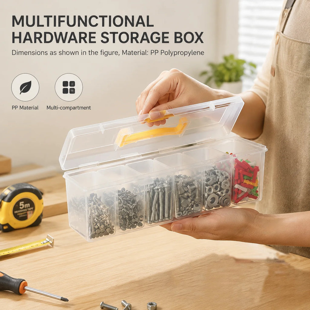 Clear hardware organizer box being opened to show six compartments, placed on a workbench