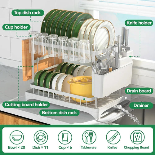 Annotated diagram of a 2-tier dish drying rack showing zones for dishes, bowls, cups, cutlery, knives, and a chopping board