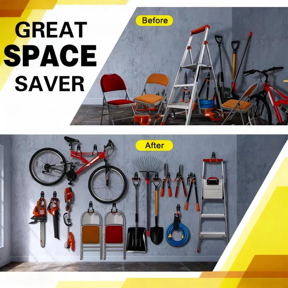 Before and after garage space saved by using wall-mounted utility hooks