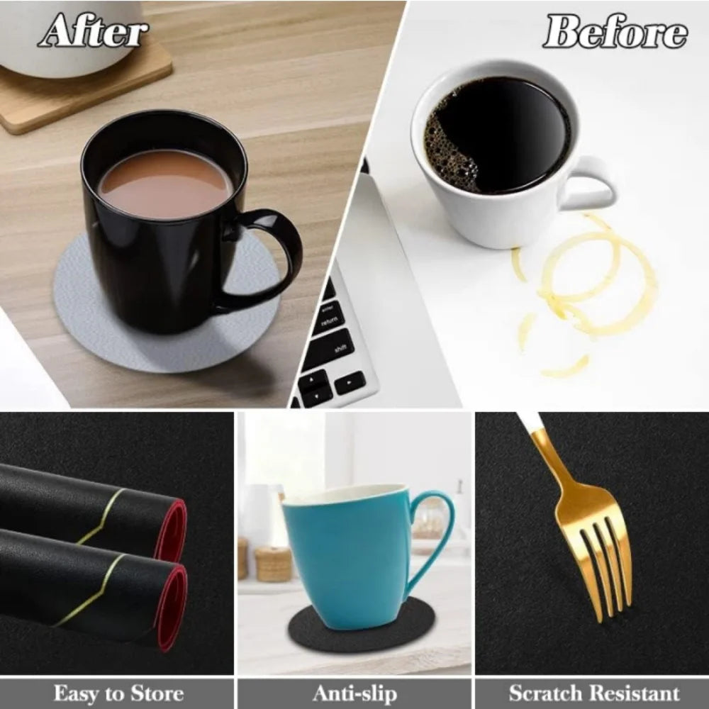 Before and after use of coasters, showing cup ring prevention, rolled-up storage, anti-slip, and scratch resistance features