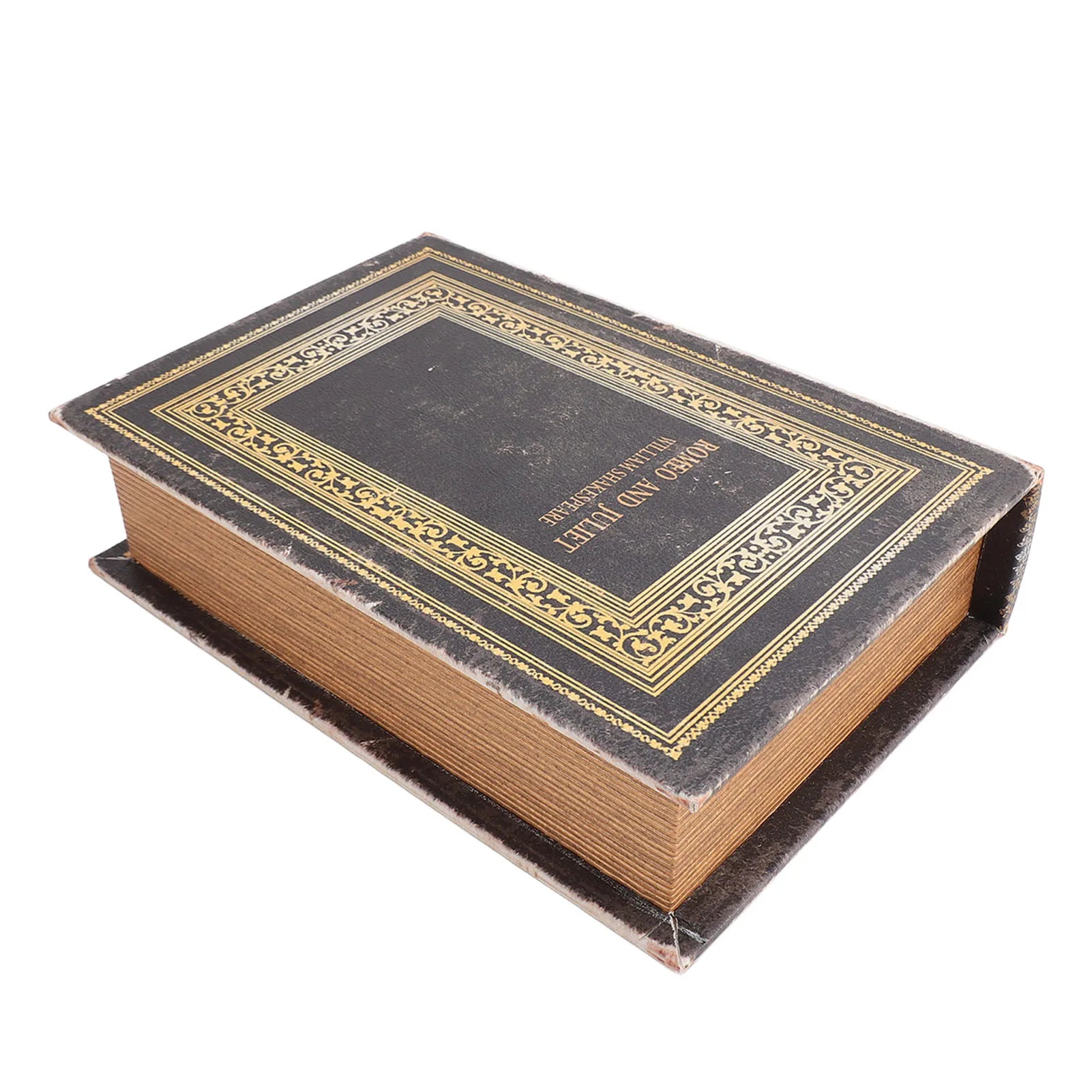 angled view of book storage box with visible spine and distressed edges