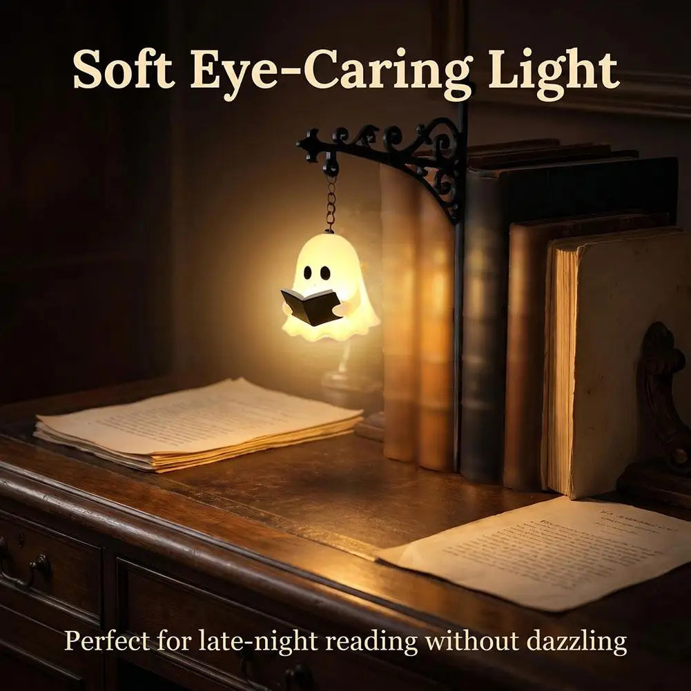 Soft eye-caring ghost bookshelf lamp emitting a warm glow on an antique wooden desk with books