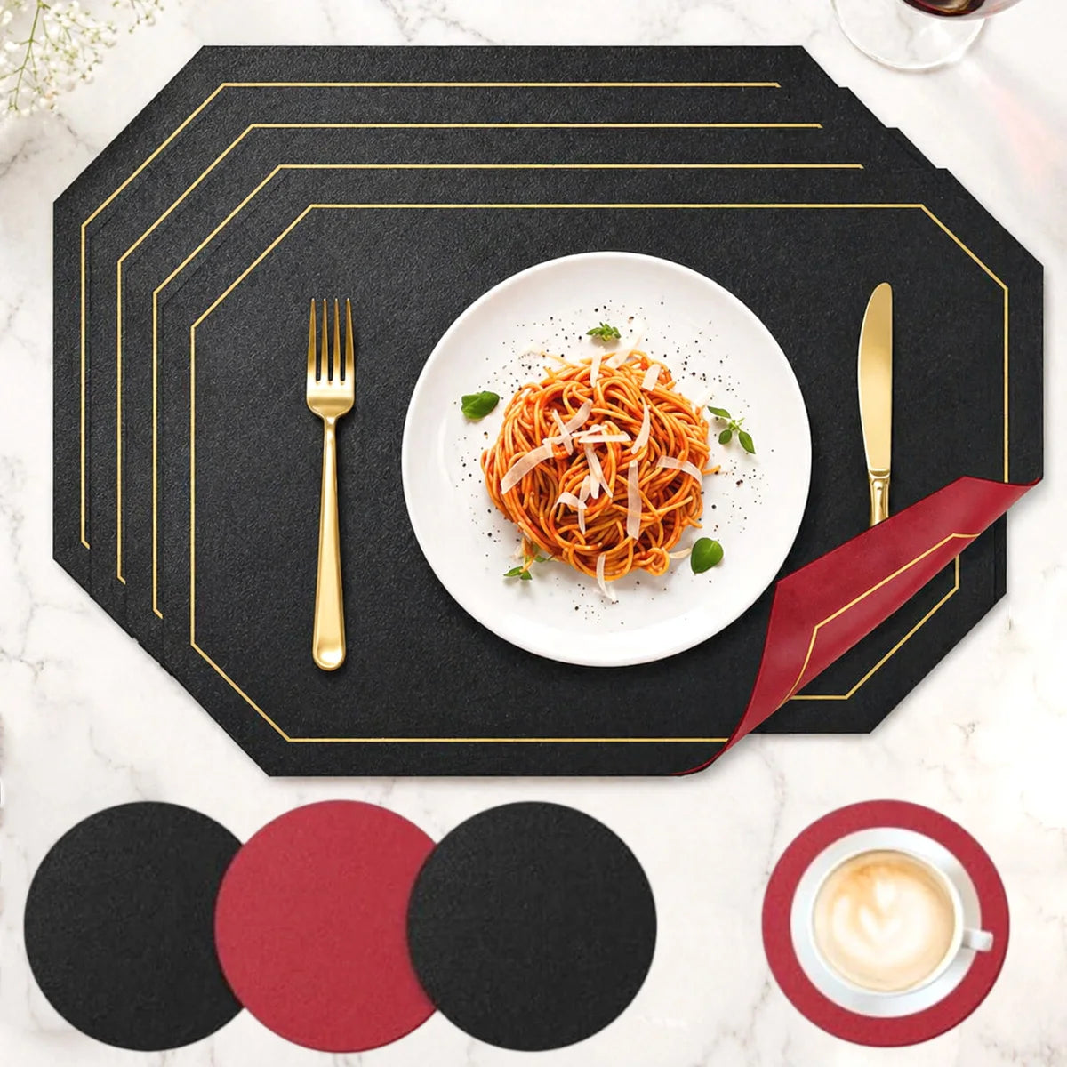 Dual-sided octagonal placemat with plate, gold utensils, and matching round coasters in black and red on a dining table